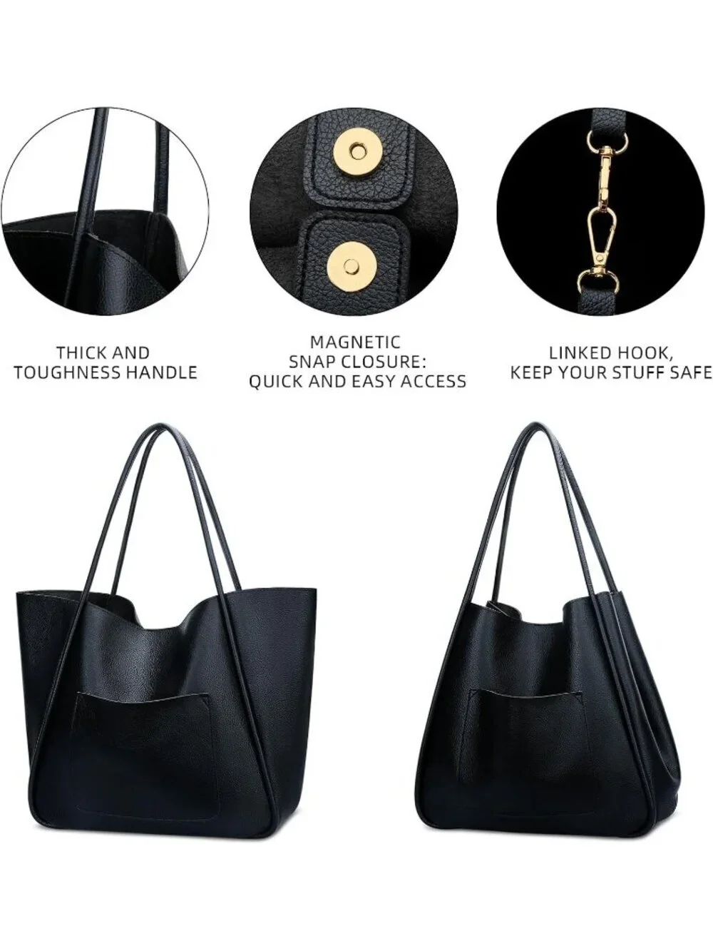 Women's Black Vegan Leather Large Capacity Travel Bag Tote Handbag